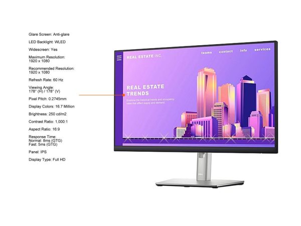 Dell P2422H 24" (23.8" Viewable) 1920 x 1080 Full HD IPS, VGA DisplayPort HDMI USB 3.2, VESA Swivel Tilt Height Adjust LED-Backlit Monitor - Image 4