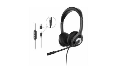 Morpheus 360 Connect USB Stereo Headset with Boom Microphone – Noise Reduction Mic- Protein Leather Ear Cushions – in-Line Volume Controls – Mute Button – Black – HS5600SU