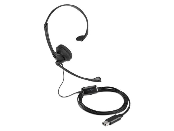 Kensington USB Mono Headset with Mic and Volume Control - USB Type A - Wired - Over-the-head - Monaural - Ear-cup - 6 ft Cable - Omni-directional, Noise Cancelling Microphone - Black