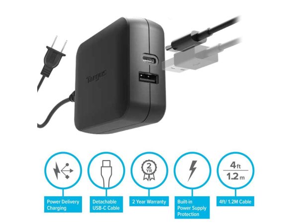 Targus 65W USB-C/USB-A Charger - 65 W - 120 V AC, 230 V AC Input - 5 V DC/3 A, 9 V DC, 12 V DC, 15 V DC, 20 V DC Output - Black - APA104BT - Image 3