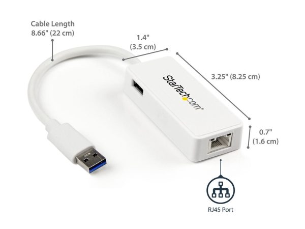 StarTech USB31000SPTW USB 3.0 to Gigabit Ethernet Adapter NIC w/ USB Port - White - Image 2