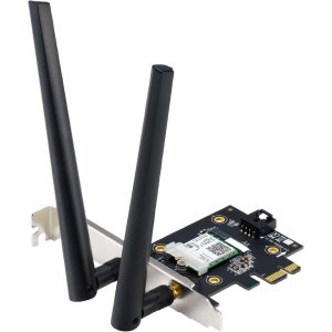 ASUS PCE-AX3000 Wireless Adapter PCI Express 802.11a: 6,9,12,18,24,36,48,54 Mbps 802.11b: 1, 2, 5.5, 11 Mbps 802.11g: 6,9,12,18,24,36,48,54 Mbps 802.11n: up to 300 Mbps 802.11ac (5GHz): up to 1733 Mbps 802.11ax (2.4GHz): up to 574 Mbps 802.