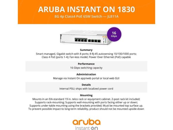 Aruba Instant On 1830 8-Port Gb | 4-Port Class 4 PoE Smart Switch (65W) - 8X 1G |Fanless | US Cord (JL811A#ABA) - Image 5