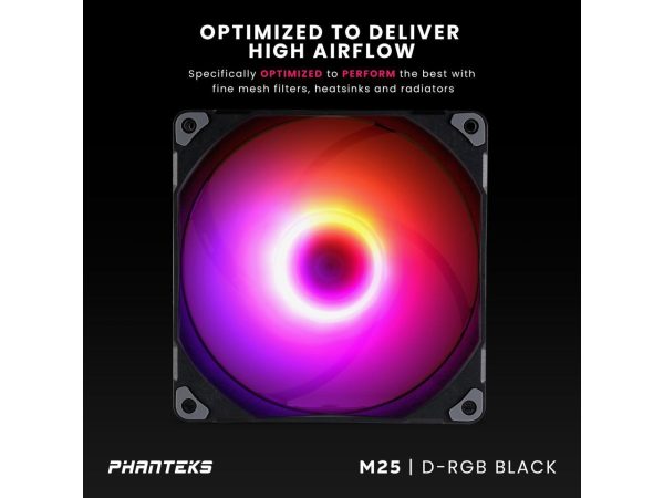 Phanteks M25-140 D-RGB fan, High-Airflow radiator performance, PWM control up to 1800RPM, ARGB/DRGB lighting, Daisy-Chain cable, Black ,3 Pack - Image 2