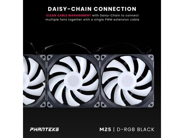 Phanteks M25-140 D-RGB fan, High-Airflow radiator performance, PWM control up to 1800RPM, ARGB/DRGB lighting, Daisy-Chain cable, Black ,3 Pack - Image 3
