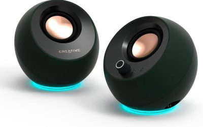 Creative Pebble Pro Minimalist 2.0 USB-C Computer Speakers with Bluetooth 5.3 and Customizable RGB Lighting, Clear Dialog and BassFlex Tech, USB Audio, Headset Port, for PC and Mac (Green)