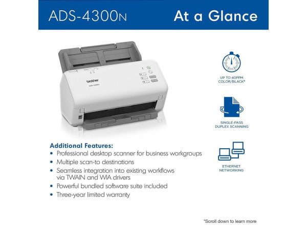 Brother ADS4300N 24 bit Dual CIS 600 x 600 dpi Sheet Fed Professional Desktop Scanner - Image 4