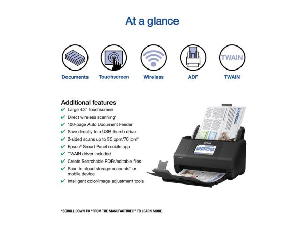 Epson WorkForce ES-580W Wireless Color Duplex Desktop Document Scanner for PC and Mac with 100-sheet Auto Document Feeder (ADF) and Intuitive 4.3" Touchscreen - Image 2