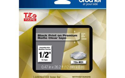 Brother TZeM31 Black Print on Premium Matte Clear Laminated Tape for P-touch Label Maker, 12.00 mm (0.47”) wide x 8.00 m (26.20 ft.) long