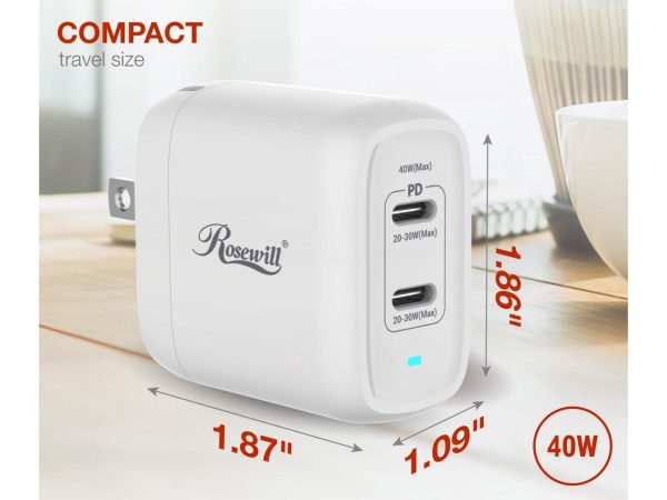 Rosewill 40W Two-Port GaN Wall Charger with 2 USB-C Ports (20W), Up to 30W Single Port Output, PD 3.0 Power Delivery for Laptops, Tablets and Phones, White - (RBWC-20036) - Image 4