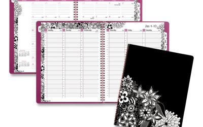 Floradoodle Weekly/Monthly Professional Planner, Adult Coloring Artwork, 11 x 8.5, Black/White Cover, 12-Month (Jan-Dec):2024