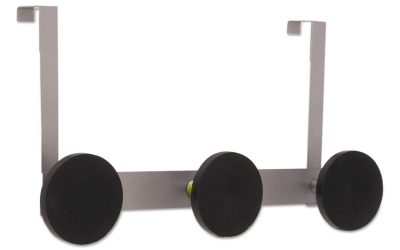 Over the Door Coat Hook, Metal and Plastic, 3 Pegs, Black, 20 lb Capacity