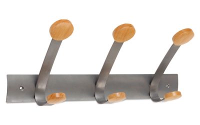 Wooden Coat Hook, Three Wood Peg Wall Rack, Brown/Silver, 45 lb Capacity