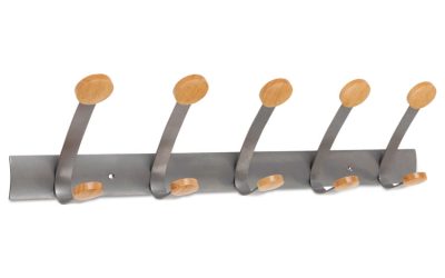 Wooden Coat Hook, Five Wood Peg Wall Rack, Brown/Silver, 45 lb Capacity