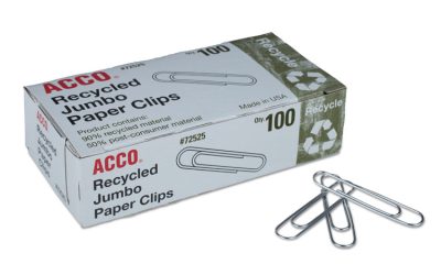 Recycled Paper Clips, Jumbo, Smooth, Silver, 100 Clips/Box, 10 Boxes/Pack