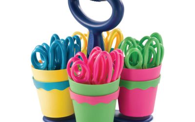 Scissor Caddy With Kids’ Scissors, 5″ Long, 2″ Cut Length, Light Blue; Light Green; Pink; Yellow, Straight Handles, 24/set