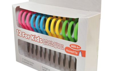 Soft Handle Kids Scissors, Pointed Tip, 5″ Long, 1.75″ Cut Length, Assorted Straight Handles, 12/pack