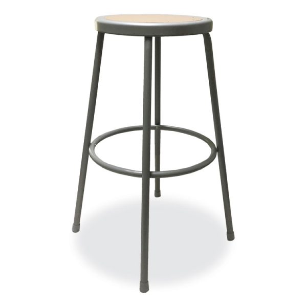 Industrial Metal Shop Stool, Backless, Supports Up To 300 Lb, 30" Seat Height, Brown Seat, Gray Base - Image 3