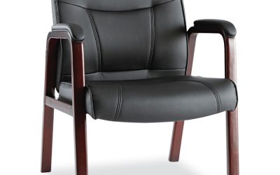 Alera Madaris Series Bonded Leather Guest Chair with Wood Trim Legs, 25.39″ x 25.98″ x 35.62″, Black Seat/Back, Mahogany Base