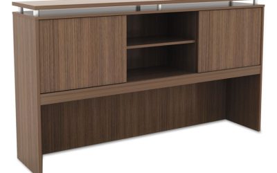 Alera Sedina Series Hutch With Sliding Doors, 66w X 15d X 42.5h, Modern Walnut