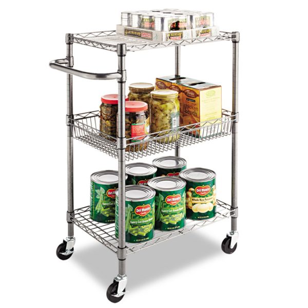 Three-Tier Wire Cart with Basket, Metal, 2 Shelves, 1 Bin, 500 lb Capacity, 28" x 16" x 39", Black Anthracite - Image 6