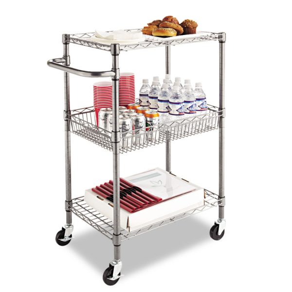 Three-Tier Wire Cart with Basket, Metal, 2 Shelves, 1 Bin, 500 lb Capacity, 28" x 16" x 39", Black Anthracite - Image 7