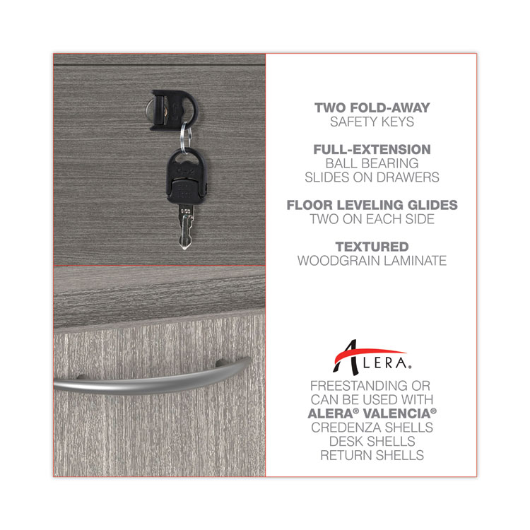Alera Valencia Series Full Pedestal File, Left or Right, 2 Legal/Letter-Size File Drawers, Gray, 15.63" x 20.5" x 28.5" - Image 2