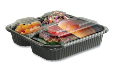 Culinary Squares 2-Piece/3-Compartment Microwavable Container, 21 oz/6 oz/6 oz, 8.46 x 8.46 x 2.5, Clear/Blk, Plastic, 150/CT