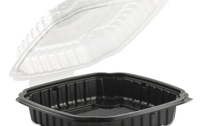 Culinary Basics Microwavable Container, 46.5 oz, 10.5 x 9.5 x 2.5, Clear/Black, Plastic, 100/Carton