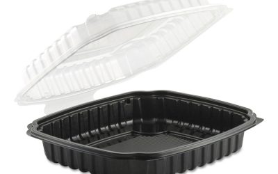 Culinary Basics Microwavable Container, 36 oz, 9 x 9 x 2.5, Clear/Black, Plastic, 100/Carton