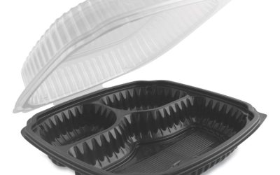 Culinary Lites Microwavable 3-Compartment Container, 26 oz/7 oz/7 oz, 10.56 x 9.98 x 3.19, Clear/Black, Plastic, 100/Carton