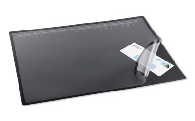 Desk Pad with Transparent Lift-Top Overlay and Antimicrobial Protection, 31″ x 20″, Black Pad, Transparent Frost Overlay