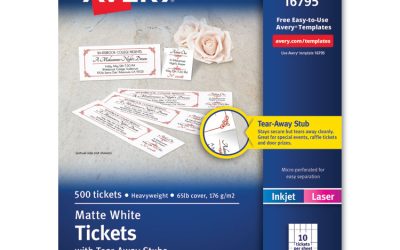 Printable Tickets with Tear-Away Stubs, 97 Bright, 65 lb Cover Weight, 8.5 x 11, White, 10 Tickets/Sheet, 50 Sheets/Pack