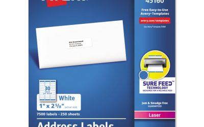 White Address Labels W/ Sure Feed Technology For Laser Printers, Laser Printers, 1 X 2.63, White, 30/sheet, 250 Sheets/box