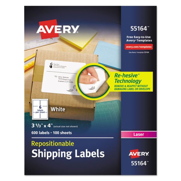 Repositionable Shipping Labels w/SureFeed, Laser, 3.33 x 4, White, 600/Box