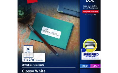 Glossy White Easy Peel Mailing Labels W/ Sure Feed Technology, Laser Printers, 1 X 2.63, White, 30/sheet, 25 Sheets/pack