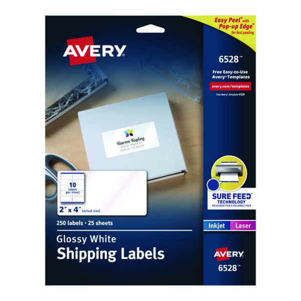 Glossy White Easy Peel Mailing Labels W/ Sure Feed Technology, Laser Printers, 2 X 4, White, 10/sheet, 25 Sheets/pack