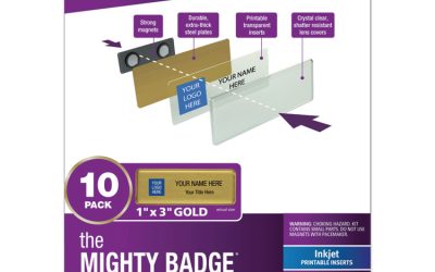 The Mighty Badge Name Badge Holder Kit, Horizontal, 3 X 1, Inkjet, Gold, 10 Holders/ 80 Inserts