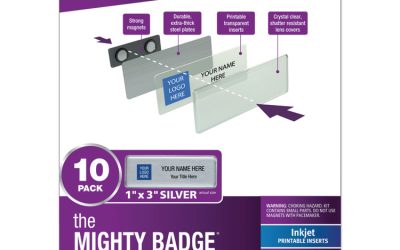 The Mighty Badge Name Badge Holder Kit, Horizontal, 3 X 1, Inkjet, Silver, 10 Holders/ 80 Inserts