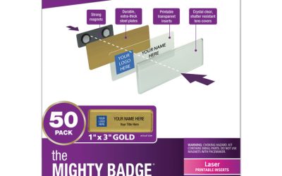 The Mighty Badge Name Badge Holder Kit, Horizontal, 3 X 1, Laser, Gold, 50 Holders/120 Inserts