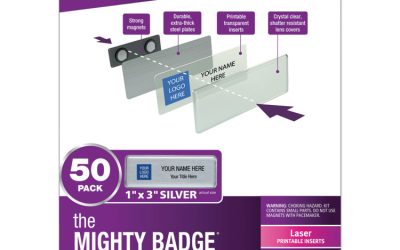 The Mighty Badge Name Badge Holder Kit, Horizontal, 3 X 1, Laser, Silver, 50 Holders/120 Inserts