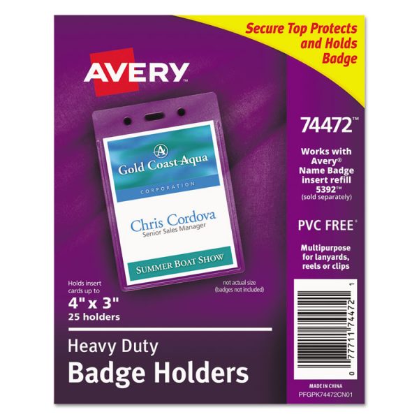 Secure Top Heavy-Duty Badge Holders, Vertical, 3w X 4h, Clear, 25/pack