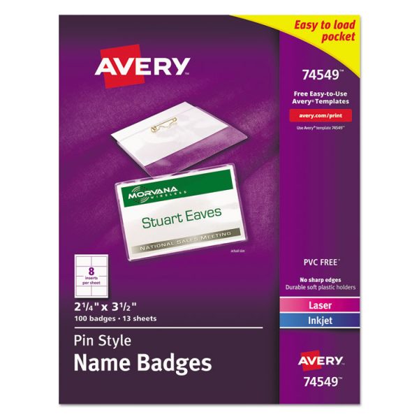 Pin-Style Badge Holder With Laser/inkjet Insert, Top Load, 3.5 X 2.25, White, 100/box