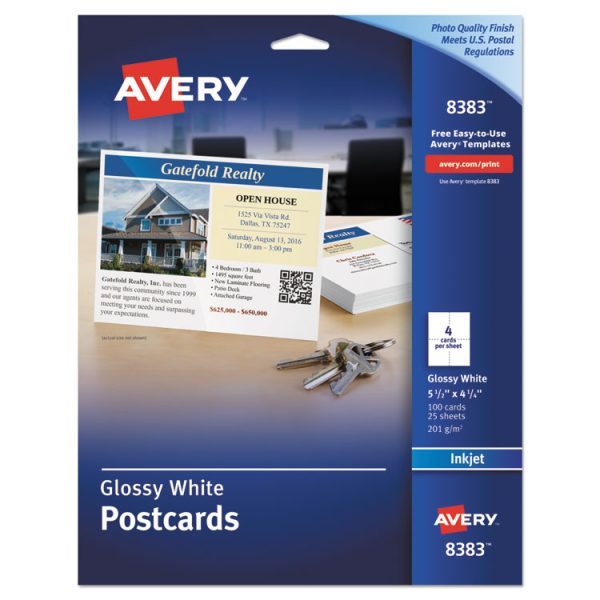 Photo-Quality Printable Postcards, Inkjet, 74 Lb, 4.25 X 5.5, Glossy White, 100 Cards, 4 Cards/sheet, 25 Sheets/pack