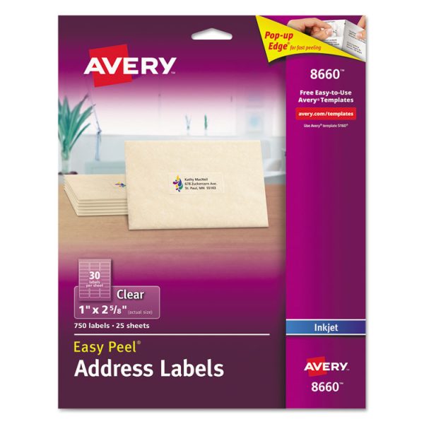 Matte Clear Easy Peel Mailing Labels W/ Sure Feed Technology, Inkjet Printers, 1 X 2.63, Clear, 30/sheet, 25 Sheets/pack