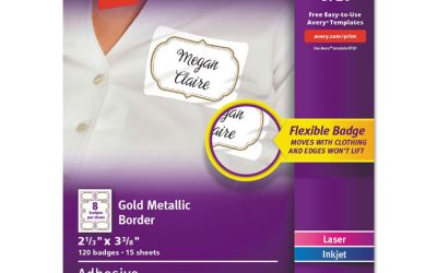 Flexible Adhesive Name Badge Labels, 3 3/8 X 2 1/3, White/gold Border, 120/pk