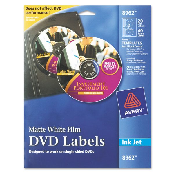 Inkjet Dvd Labels, Matte White, 20/pack