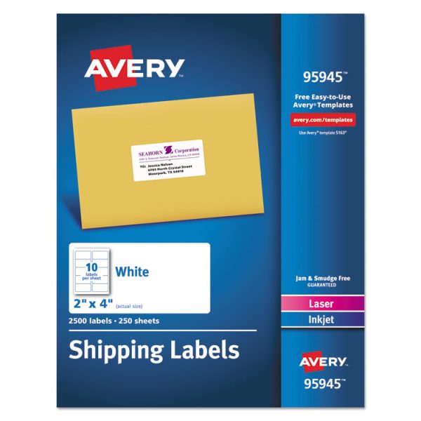 White Shipping Labels-Bulk Packs, Inkjet/laser Printers, 2 X 4, White, 10/sheet, 250 Sheets/box