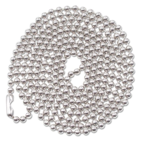 ID Badge Holder Chain, Metal Ball Chain Fastener, 36" Long, Nickel Plated, 100/Box