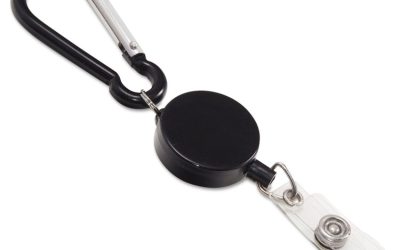 Metal Badge Reel/Carabiner Set, 24″ Extension, Black, 5/Pack